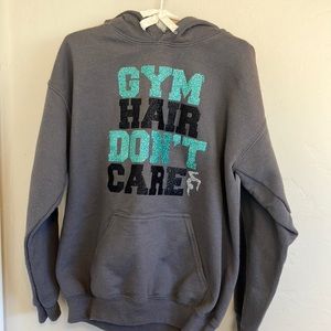Custom-made at meet “Gymnastics Hair Don’t Care” Gray Hoodie; Size M.